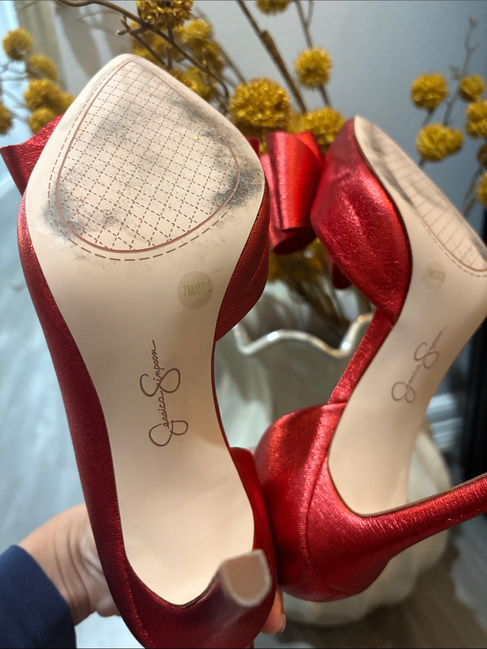 Jessica Simpson Red Satin Pointed-Toe Pumps with Bow - Picture 4 of 5